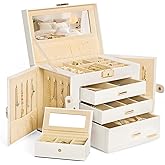 Homde 2 IN 1 Jewelry Box for Women Girls with Small Travel Case Mirror Necklace Ring Earrings Organizer(White + Gold)