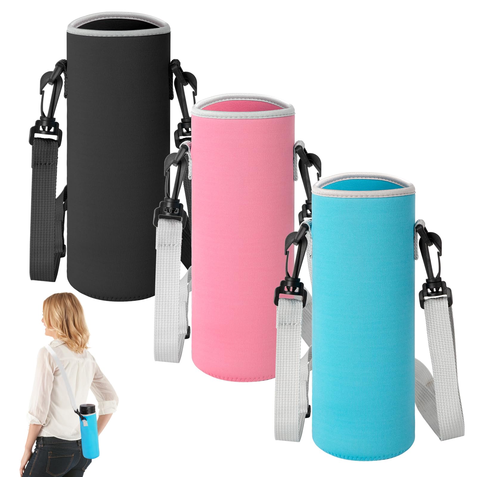 Heveer Water Bottle Holder Neoprene Water Bottle Carrier Bag Portable Water Bottle Sleeve with Adjustable Shoulder Strap for Outdoor Hiking Camping 3 Pieces 1200 ml