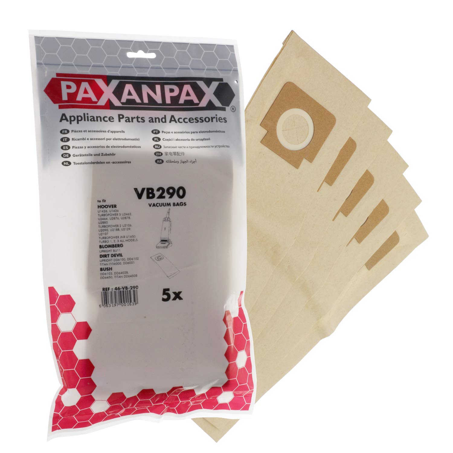 Paxanpax VB290 Compatible Paper Vacuum Bags For Hoover 'H4/H18' Turbopower 1,2,3, Turbopower Junior, Turbomaster, Turbolite Series (Pack of 5), Brown