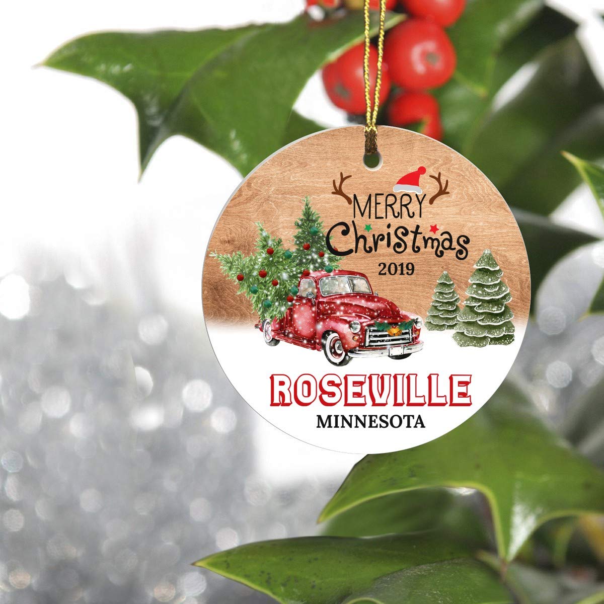 Merry Christmas Roseville Minnesota MN State 2019 - Home Decorations for Living Room, Ceramic Christmas Tree Ornaments 3 Inches - Hometown for Family, Friend
