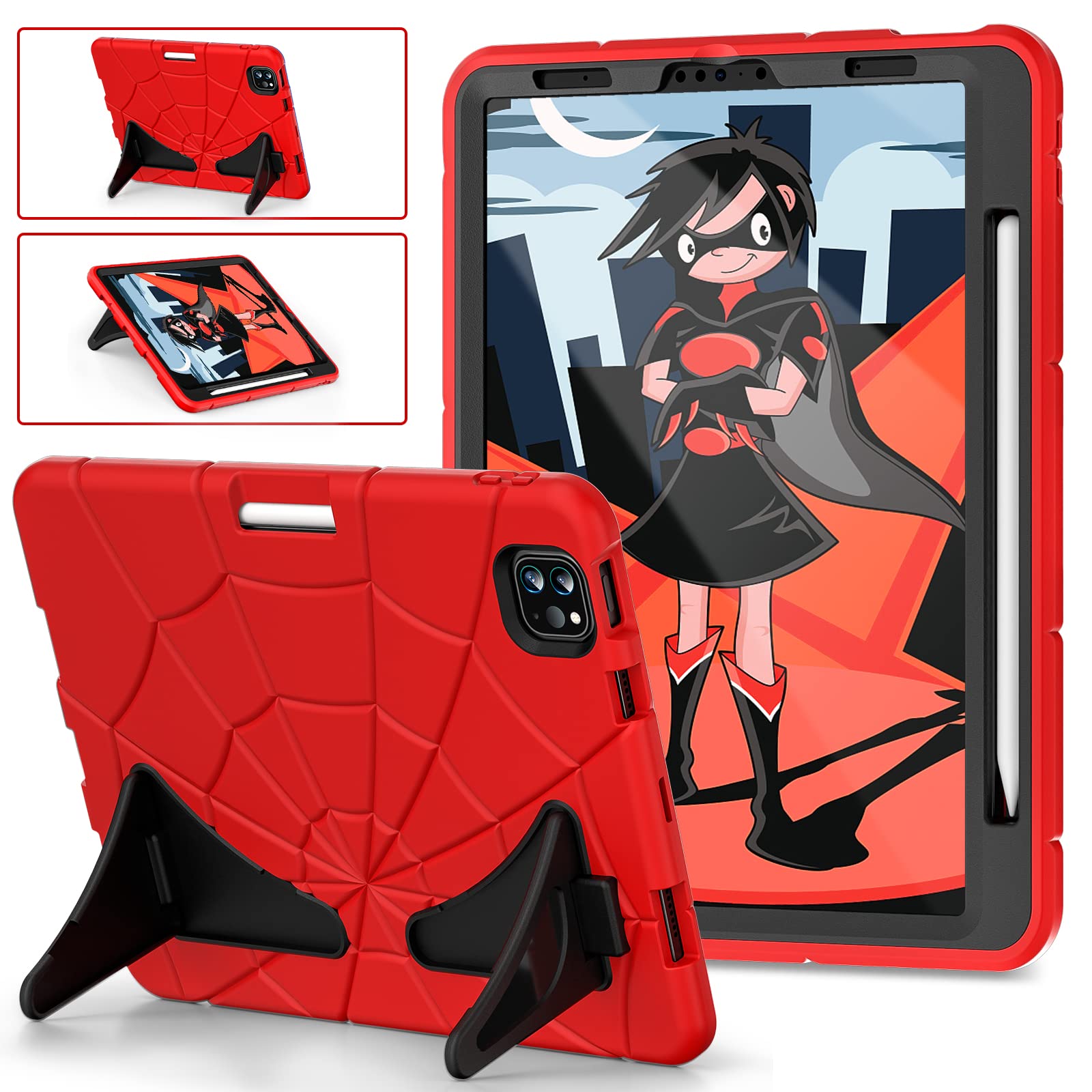 iPad Pro 11 Inch Case 2021/2020/2018 Model, iPad Air 5/4 (10.9-inch 2022/2020), Heavy Duty Shockproof Rugged with Stand for Kids, Red