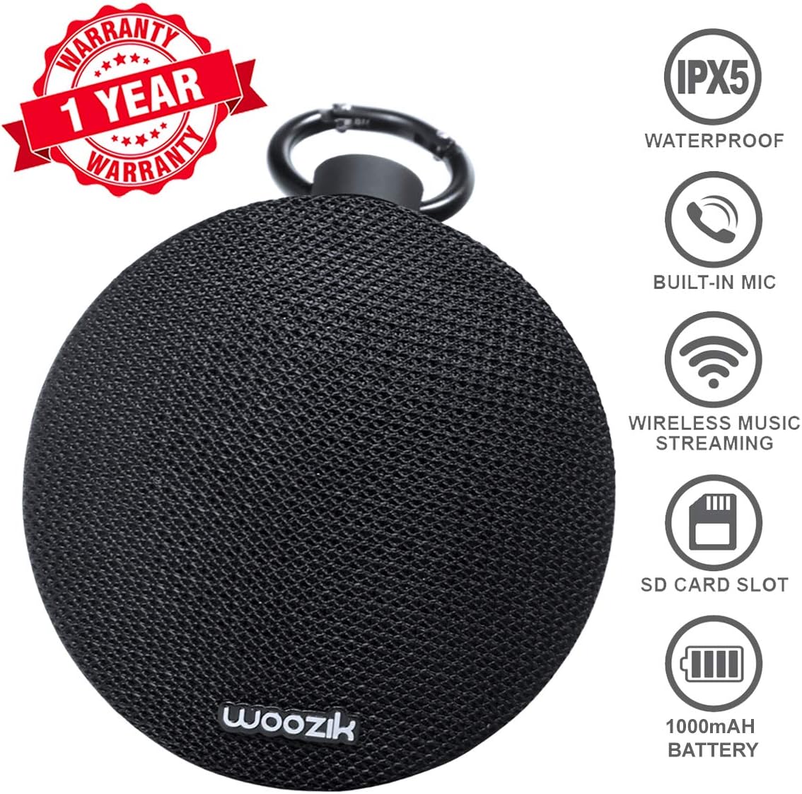 Bluetooth 4.2 Speaker, Woozik Go Portable Speaker with Enhanced Stereo and Bass, IPX5 Waterproof, 10H Playtime, Built-in Mic, Micro SD Card Slot, Micro-USB Charging Input