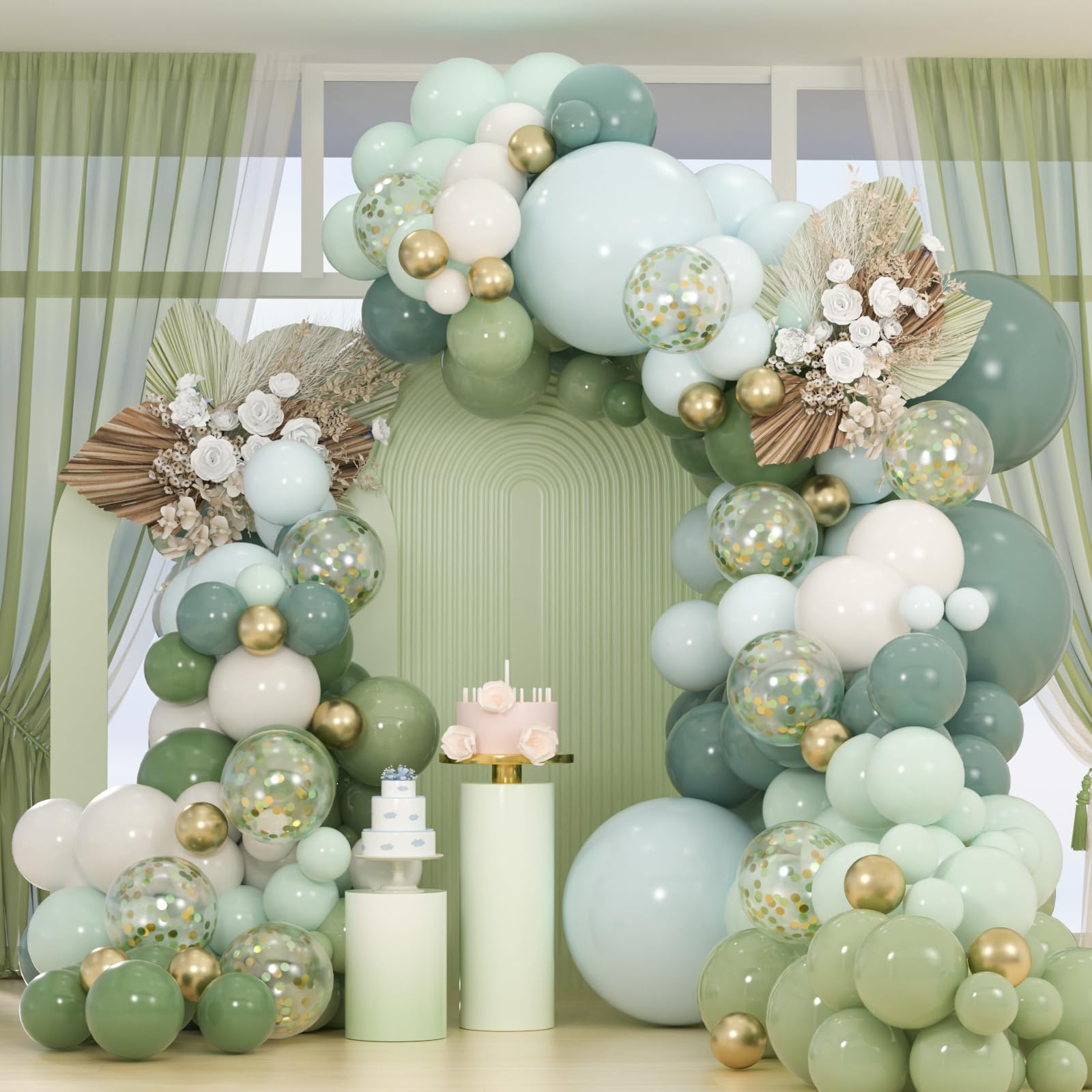 Photo 1 of 163pcs Dusty Blue Green Balloon Arch kit with Nude White, Metallic Gold & Confetti Neutral Balloons for Boho Weeding, Woodland Baby Shower, Birthday, Gender Reveal Party (With 4 Tools)