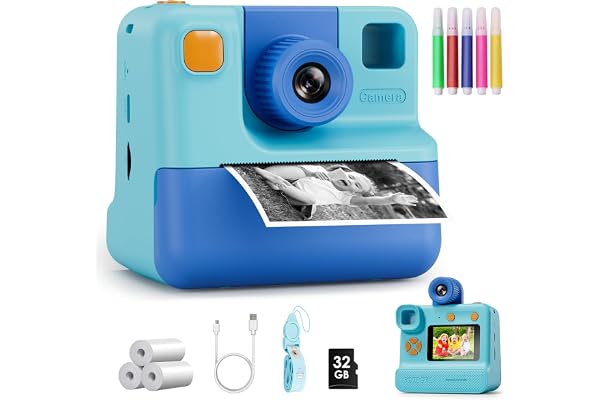 Kids Camera Instant Print, Christmas Birthday Gifts for Girl Boys 3-12 Years Old, FHD Selfie Digital Video Cameras Toddler 3 Rolls Print Paper & 32G Card (Blue) | FHD Selfie Digital Video Cameras Toddler 3 Rolls Print Paper & 32G Card (Blue)