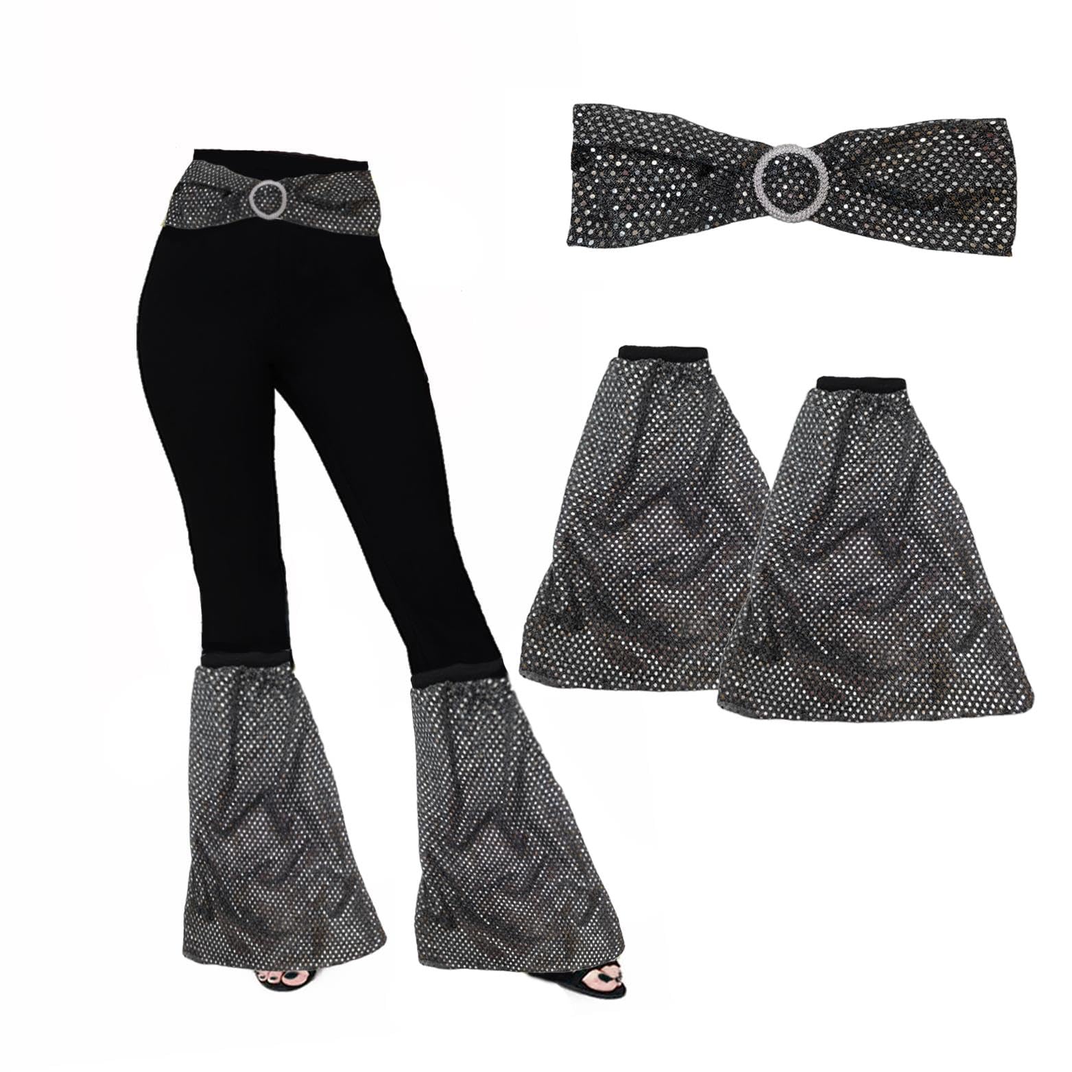 The Dragons Den Adults 1960s 1970s Sequined Flares Flared Boot Covers & Belt Hippie Disco Diva Fancy Dress Costume Accessory [Black Silver]