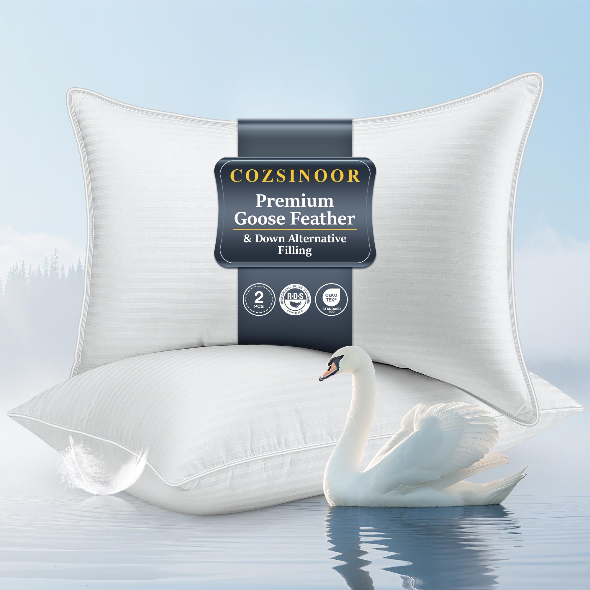 Photo 1 of COZSINOOR Goose Feather Pillows Queen Size - Set of 2, Hotel Down Bed Pillow for Sleeping, Soft 600 TC Cotton Cover, Fluffy Support Surround Fill Down Alternative for Back, Stomach, Side Sleepers
