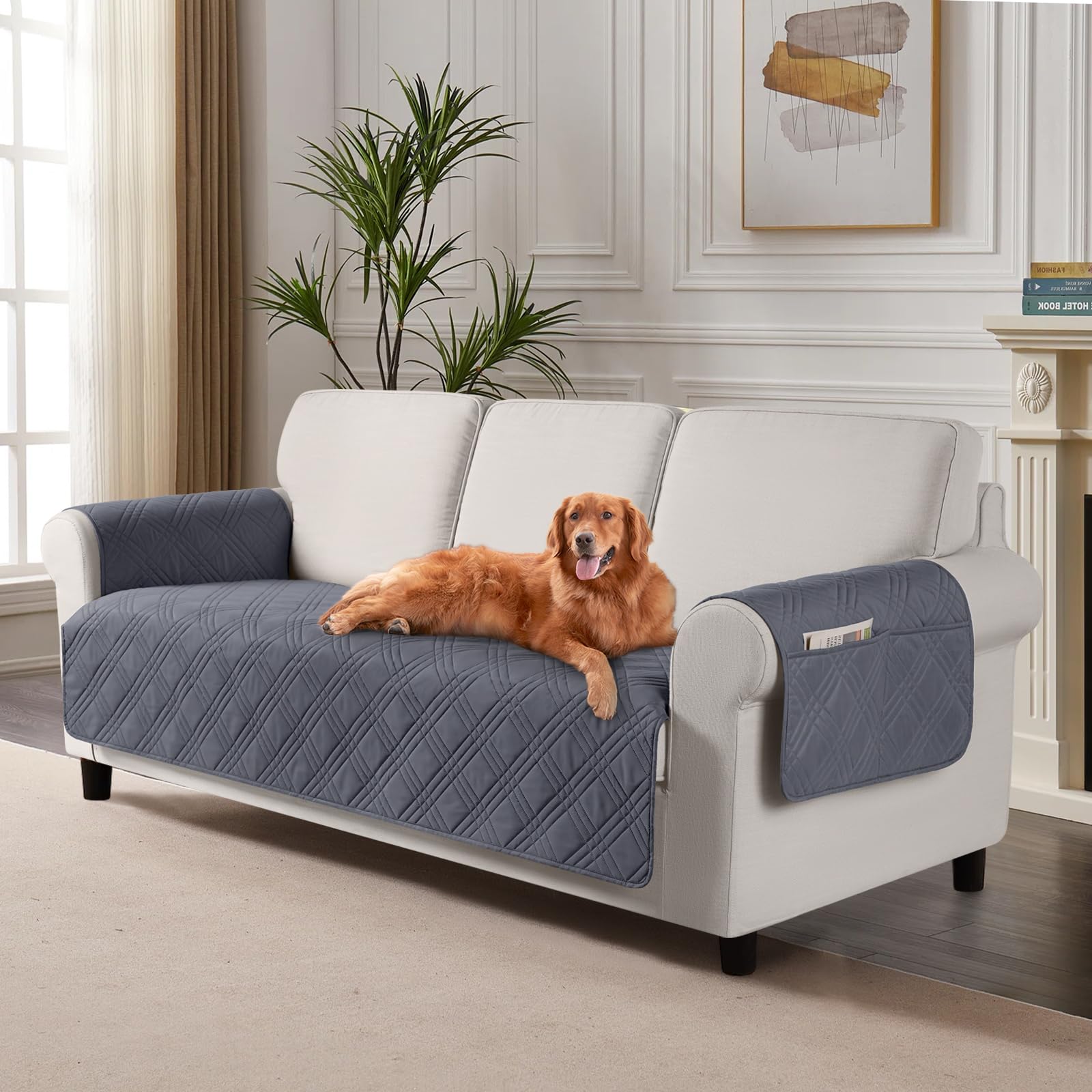 Photo 1 of TAOCOCO Waterproof Couch Covers for Pets Dogs with Non Slip Backing, Sofa Seat Covers with Side Pocket for 3 Cushion Couch Washable Dog Couch Cover Protector Sofa Slipcovers(Sofa Plus, Dark Grey)