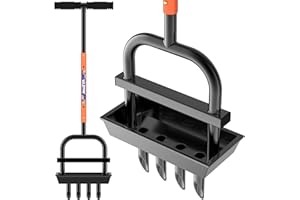 JouZYA Lawn Aerator Coring Tool with Soil Core Collection Tray, 4 Tines Manual Yard Air Grass Aerator Gardening Tool for Lawn Care Courtyard,Orange（Updated ）
