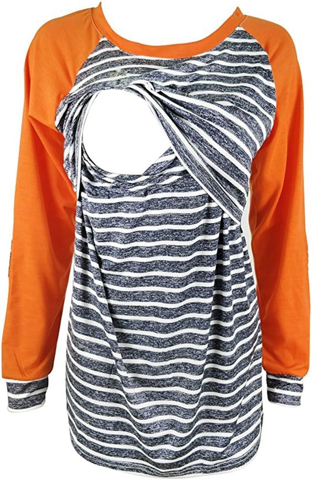 Charbolin Womens Maternity Breastfeeding Long Sleeves T-Shirt Stripes Orange Tops Orange X-Large