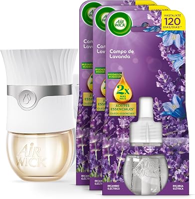 Ambientador Elétrico - Dispositivo difusor inteligente com tecnologia anti-desvanecimento + 3 recargas com aroma de lavanda, infundido com duas vezes mais óleos essenciais
