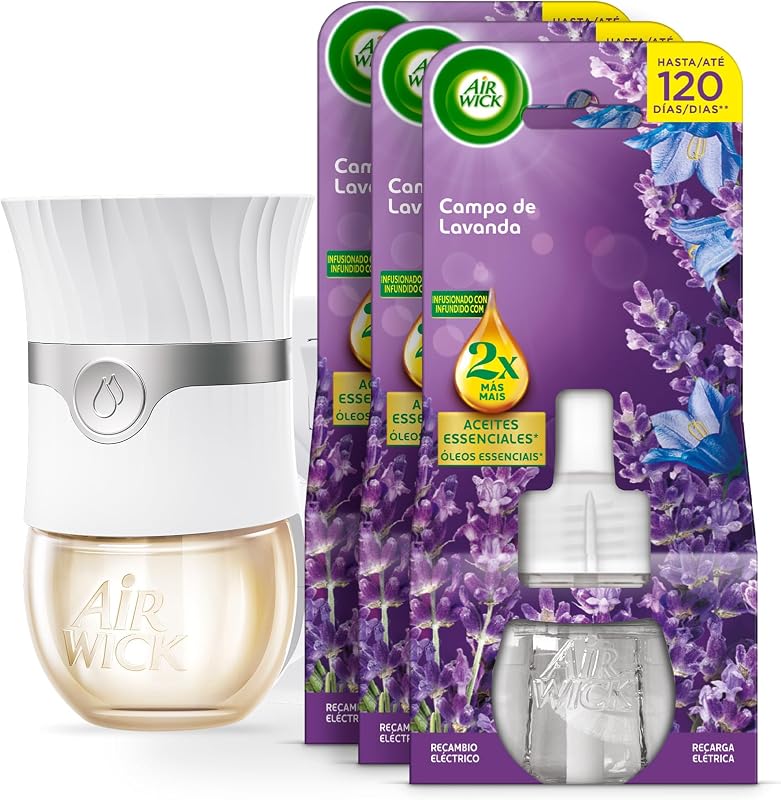 Ambientador Eléctrico - Aparato difusor inteligente con tecnología Anti-Fading + 3 Recambios con aroma a Lavanda, infusionado con 2 veces más aceites esenciales