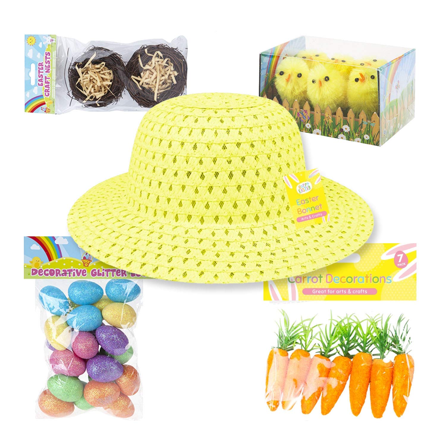 Kids Easter Bonnet Kit | Easter Bonnet Set Make Your Own Easter Bonnet Hat | Easter Eggs Chicks Carrots Craft Nests with Bonnet Hat | 32Pcs | Easter Bonnet Decoration Craft Supplies (Yellow)