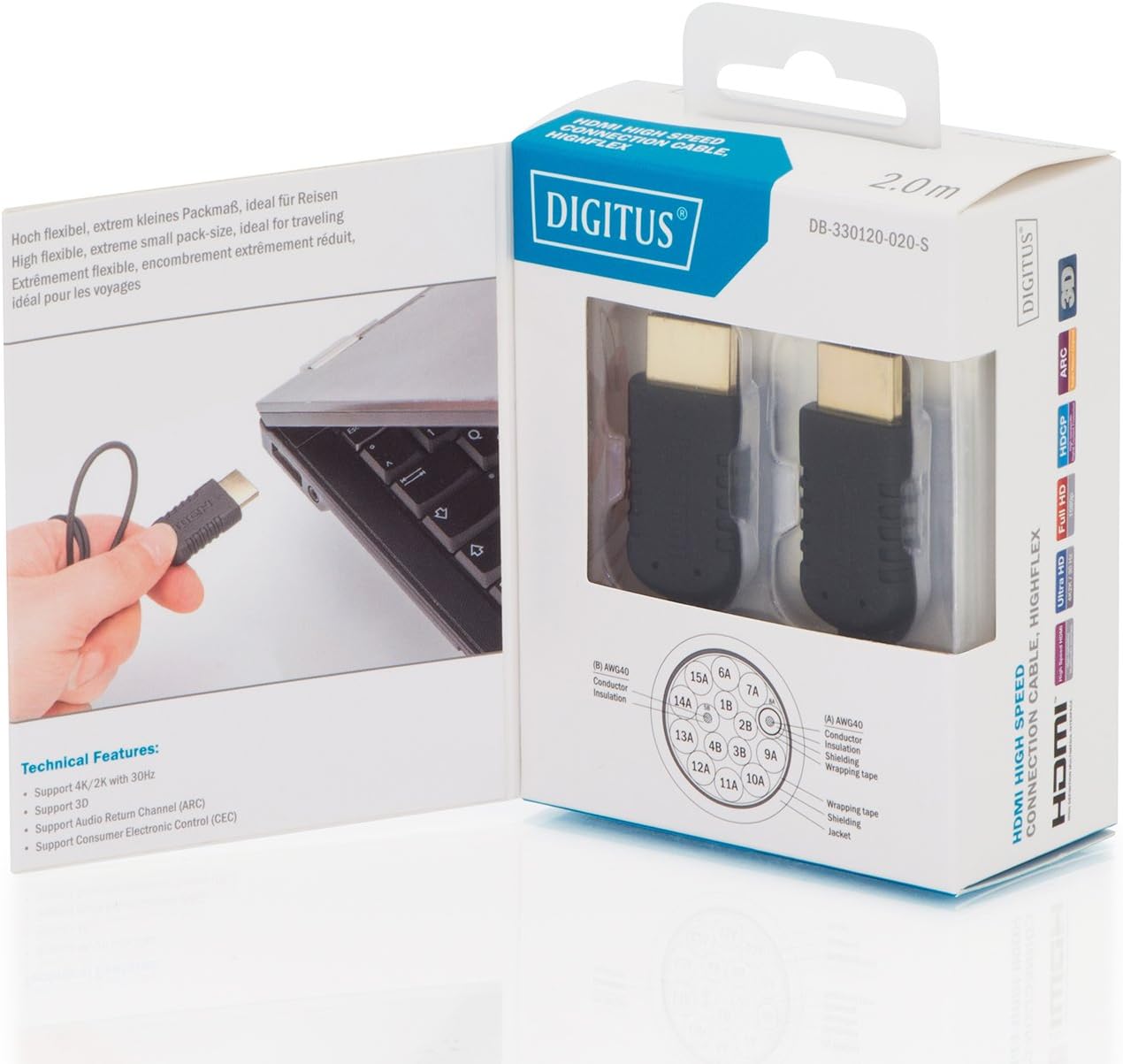 DIGITUS HDMI High Speed HighFlex connection cable, Type A to Type A, 2 m, UltraHD 4k/30Hz - Image 5