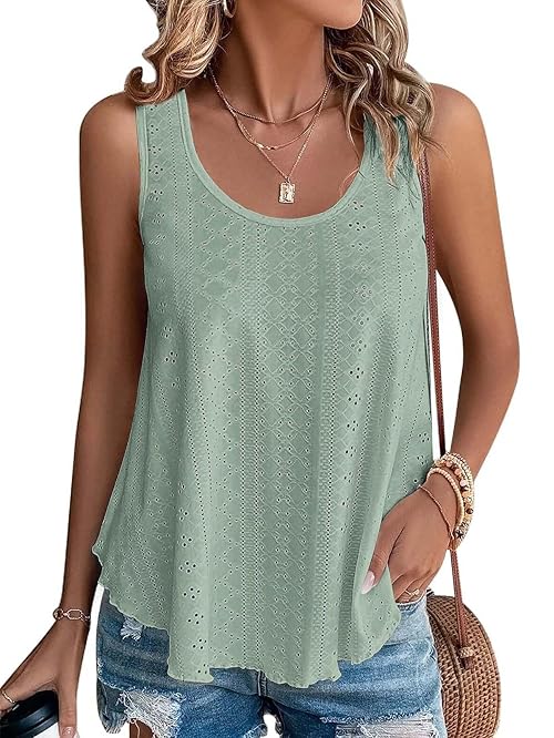 ATHMILE Womens Tank Tops Sleeveless Eyelet Embroidery Scoop Neck Loose Fit Casual Summer Flowy Beach Green