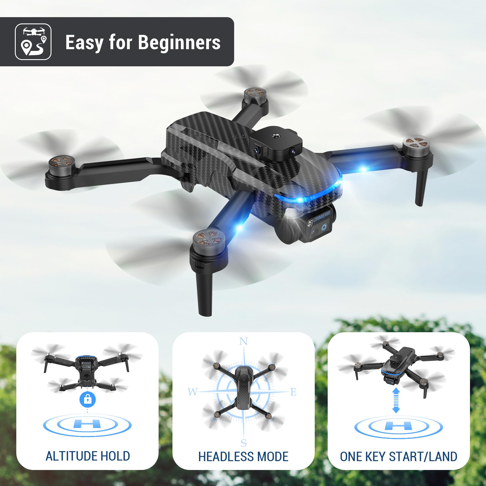 Drones for Adults with Emergency Stop,4K Drones with Camera for Kids, Headless Mode, 360° Flips, Carrying Case & 2 Batteries,Wireless RC Toys for Boys Girls-Black