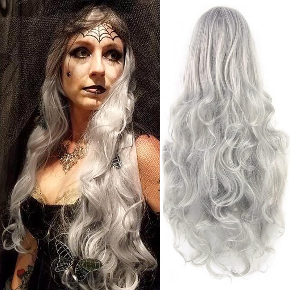 ColorfulPanda Charming Long Silver Curly Wigs Anime Cosplay Costume Party Synthetic Wigs Full Wavy Hair for Women (Silver White)
