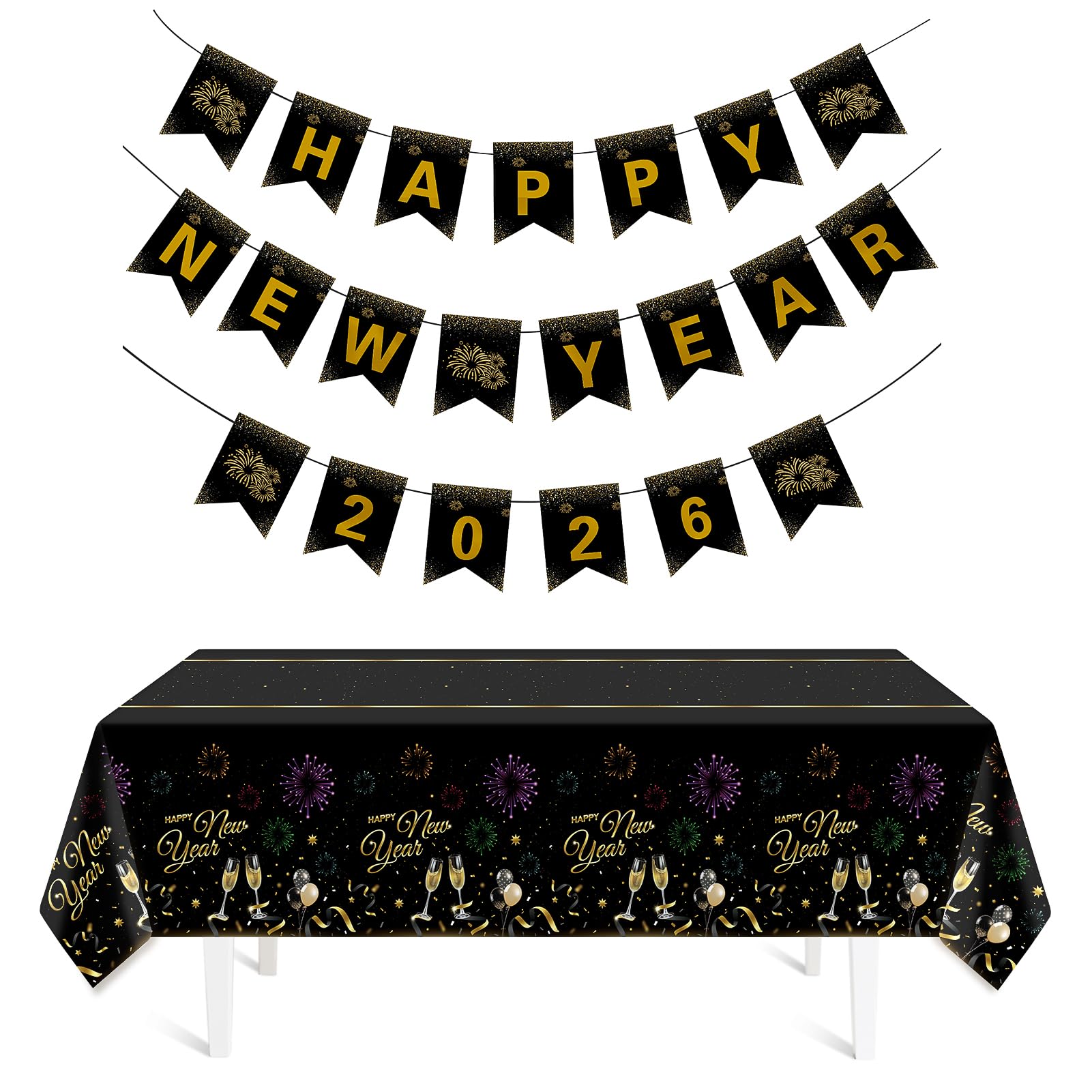 Photo 1 of  ***** 3 packs****Childom 1 Pack Happy New Year Tablecloth with 21 PCS Banners for New Years Decorations 2026,Disposable Plastic Table Cloth 54" x 108",Happy New Year 2026 Banners for Home Dining Outdoor Party Supplies