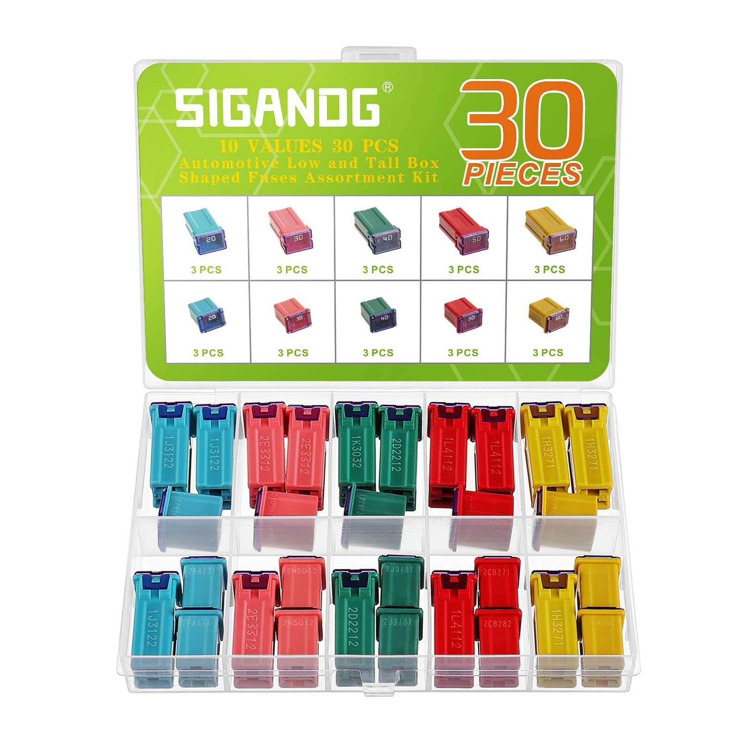 SIGANDG Jcase Fuse Assortment 20A 30A 40A 50A 60A High/STD and Low Profile Box Shaped Automotive Fuse Kit for Trucks ＆ Cars (Pack of 30, 3 for each Type)