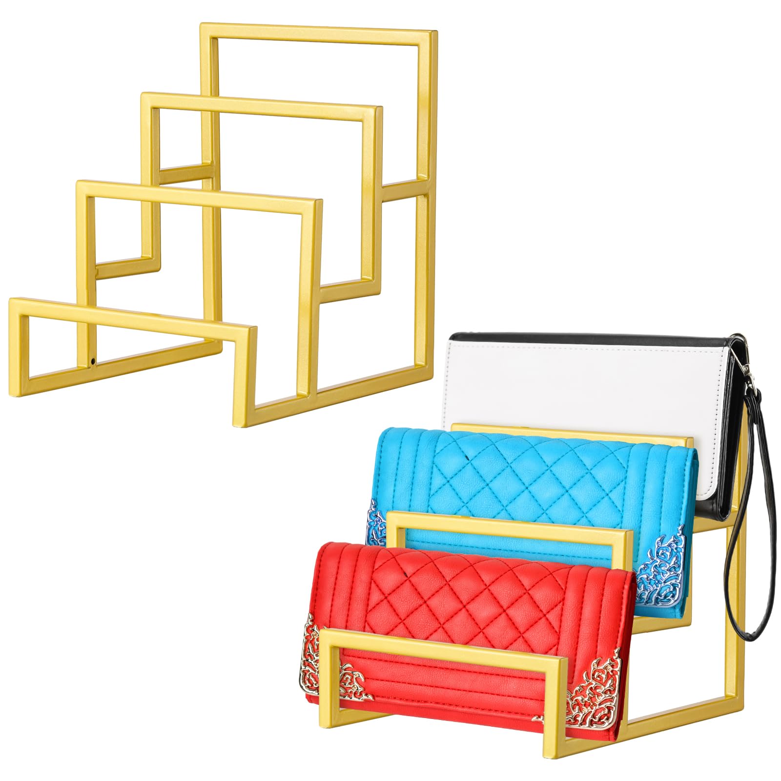 Photo 1 of DoubleFill 2 Pack Purse Organizer for Closet Display 3 Layer Gold Riser Stand Clutch Purse Organizer Display Metal Wallet Rack for Handbag Home Retail Boutique Store Supplies