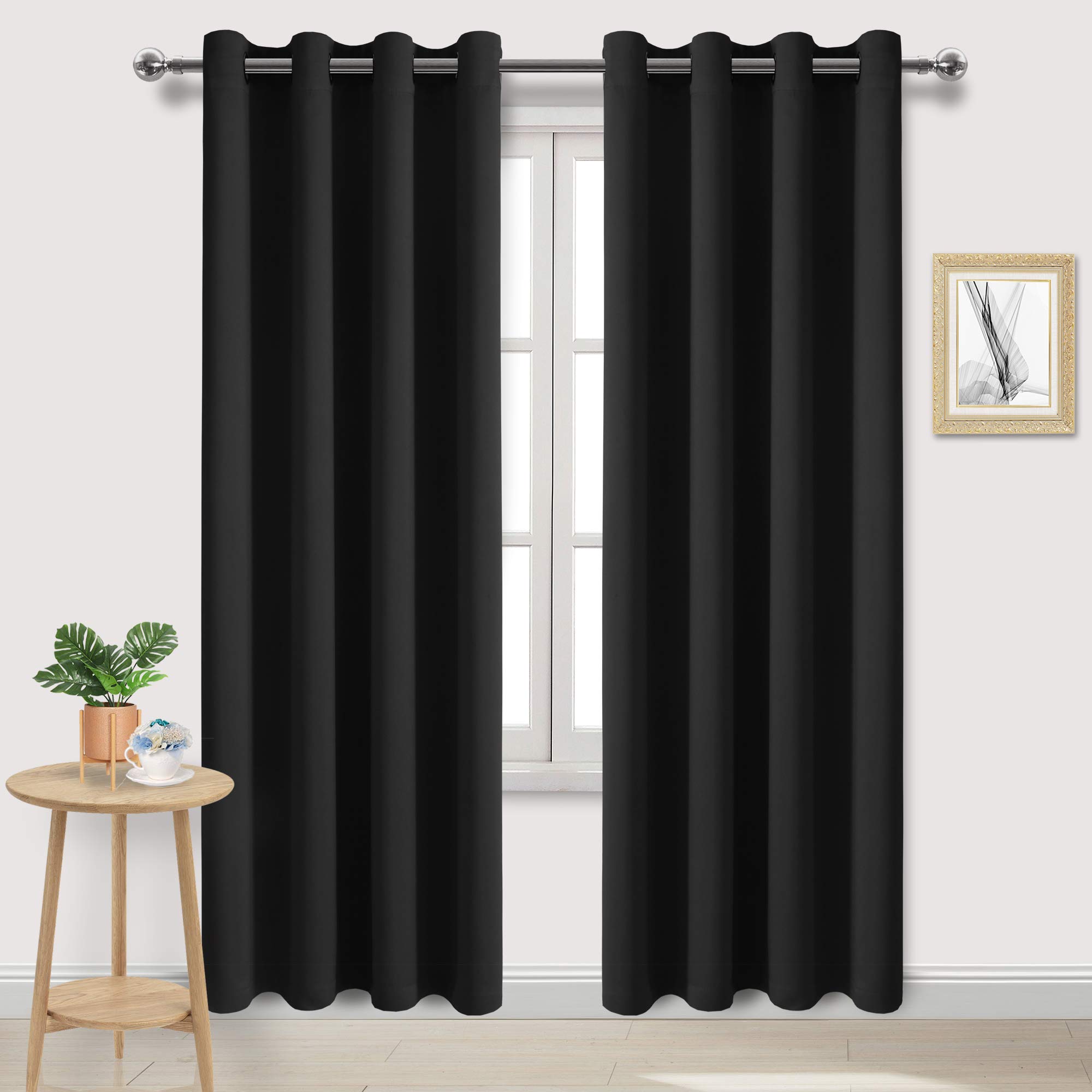 DWCN Black Blackout Curtains for Bedroom - Thermal Insulated Energy Saving Eyelet Window Curtains for Living Room 55 x 96 inch Length, 2 Panels