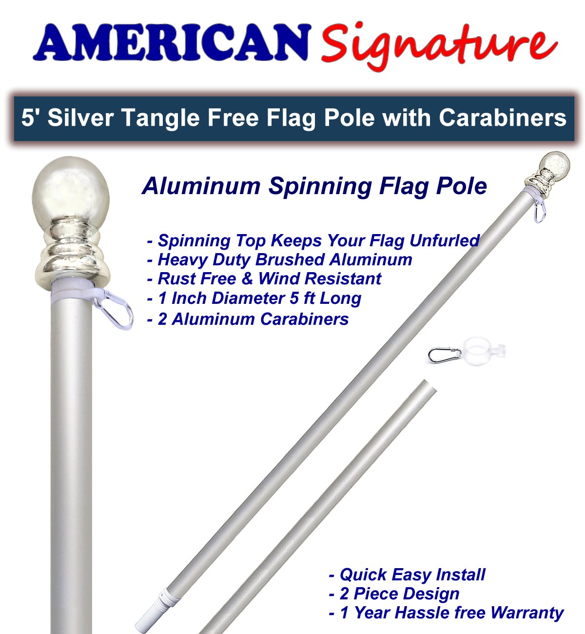 American Signature Flag Pole 5 Ft Heavy Duty Aluminum Spinning Tangle