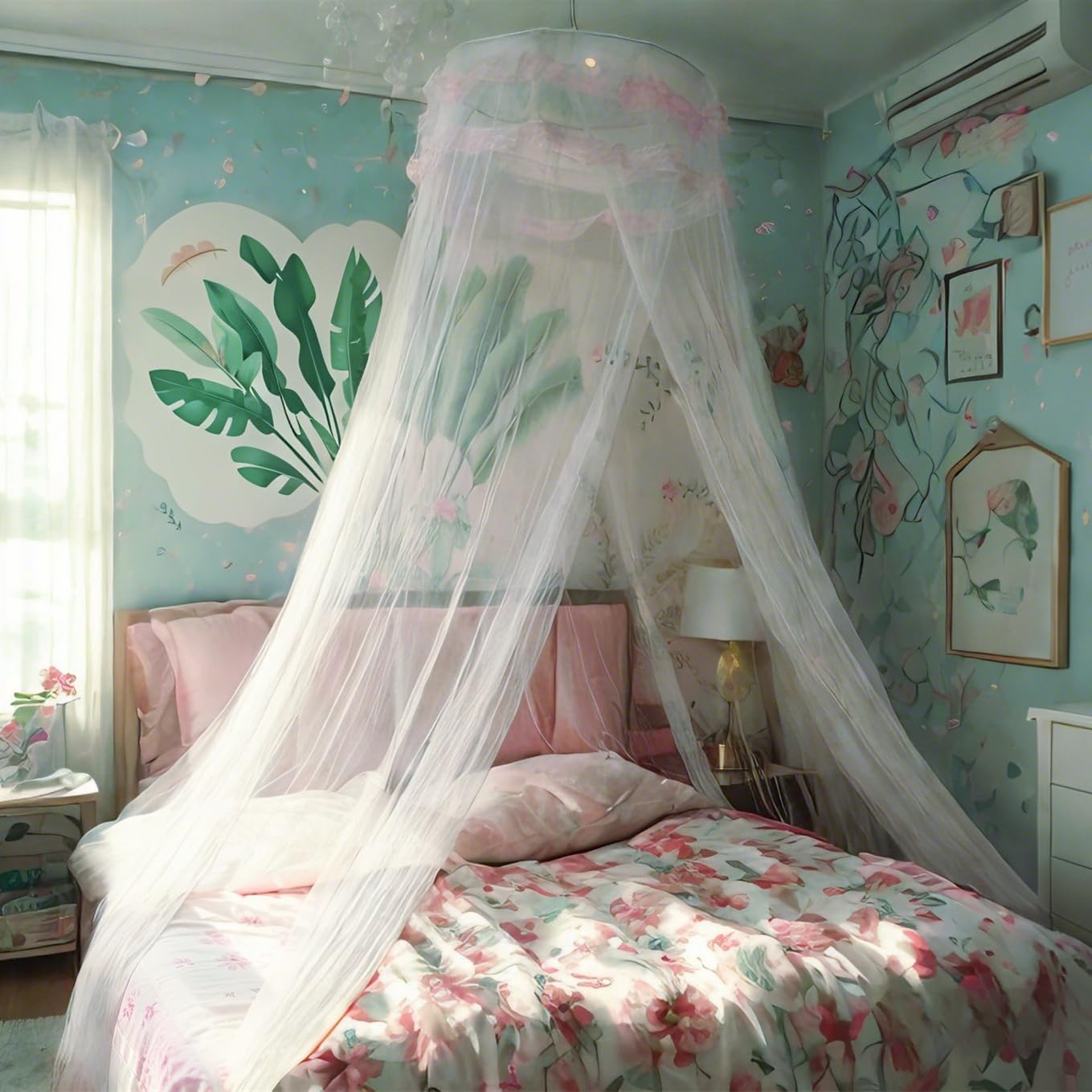 Eimilaly Lace Bed Canopy Mosquito Netting, Princess Bed Canopy for Girls Room Decor, White/Single Door