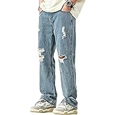 DOSLAVIDA Mens Jeans Regular Fit Ripped Jean Relaxed Fit Straight Leg Distressed Skateboard Denim Pants