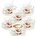 Foraineam Floral Tea Cup with Saucers and Spoons Set of 6 - Coffee Cups and Saucers with Gold Trim - 6 oz Porcelain Ivory Lat