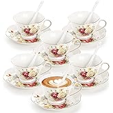 Foraineam Floral Tea Cup with Saucers and Spoons Set of 6 - Coffee Cups and Saucers with Gold Trim - 6 oz Porcelain Ivory Lat