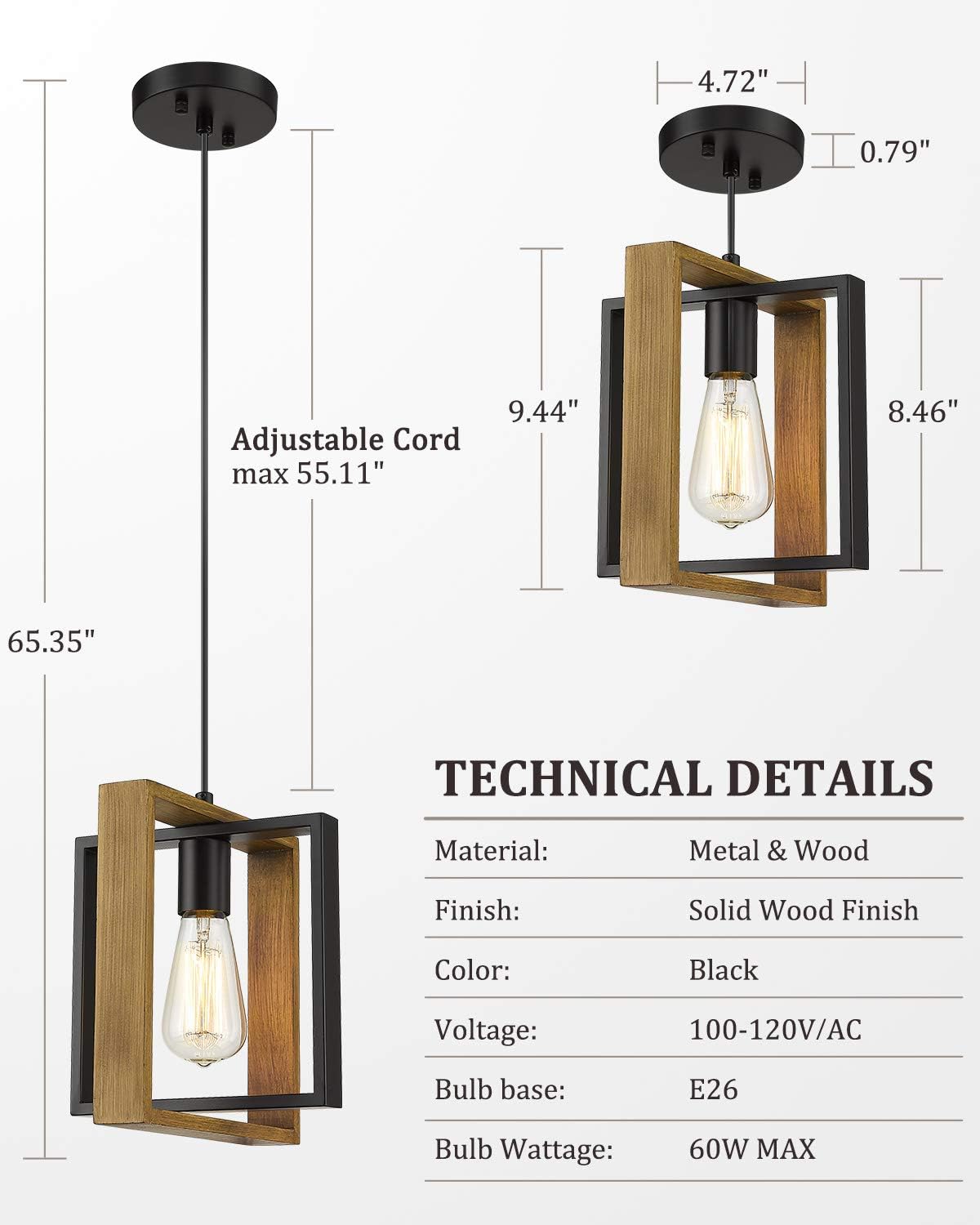 Ken & Ricky Kitchen Island Lighting, Farmhouse Pendant Light, Vintage Ceiling Hanging Light Fixture for Dining Room Kitchen, Metal Black with Solid Wood Frame - - 