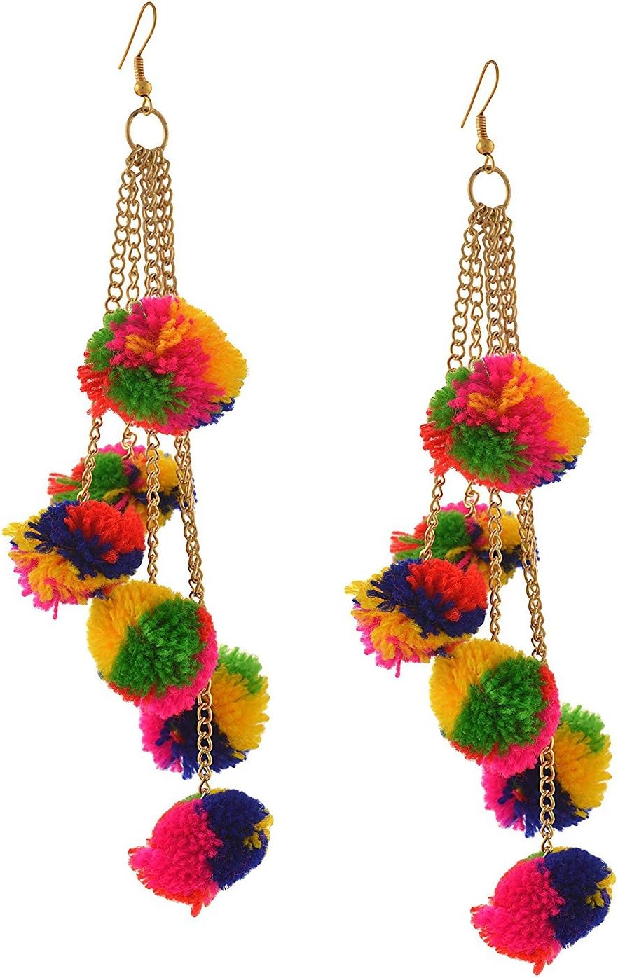 Verceys Multicolor Fashion Hook Dangle Tassel Long Funky Earrings with Pompoms for Girls and Women