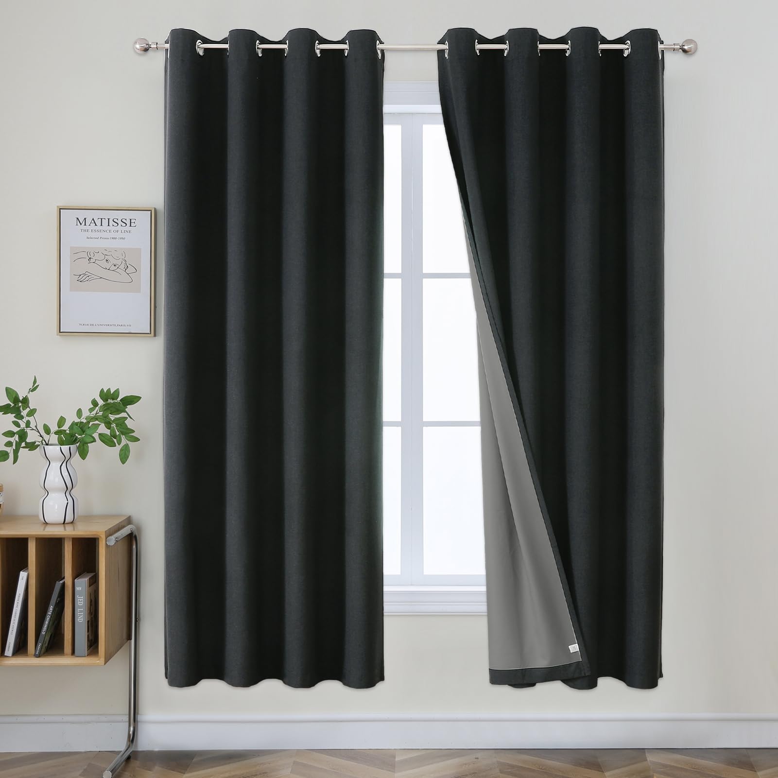 Joydeco 100% Blackout Lined Curtains Bedroom W55 x L69 Inch Drop, Faux Linen Textured Thermal Insulated Eyelet Black Curtains with Coating Back Layer for Living Room Bedroom - 2 Panels