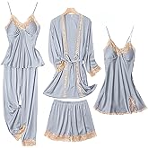 SAPJON Womens Pajama Sets 5PCS Silk Pajamas for women Cute Sleepwear Loungewear Satin Pajamas Sets for Women Soft