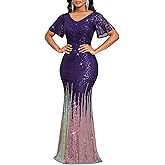 Cololura Women Sexy Elegant Sequin Short Sleeve Party Bodycon Maxi Dress Cocktail Evening Gown Formal Dresses