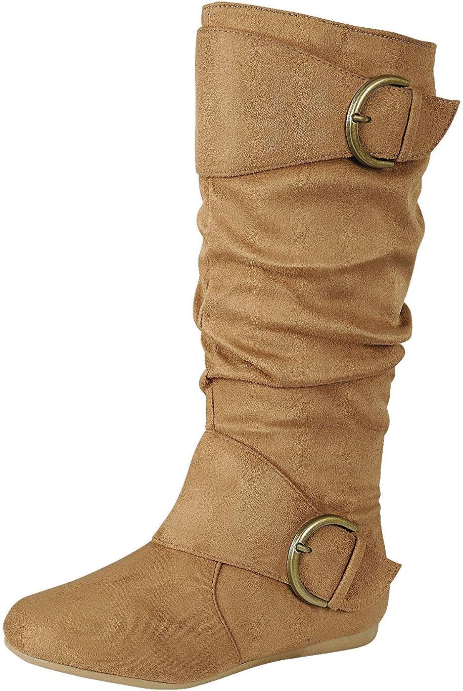 Forever Link Women's Closed Round Toe Buckle Slouch Flat Heel Mid-Calf Boot