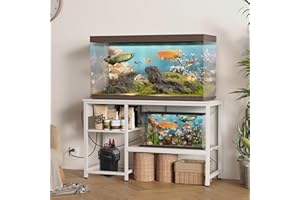 BEURUKU 55-75 Gallon Fish Tank Stand with Power Outlet & LED Light, Metal Aquarium Stand with 3 Tier Adjustable Storage Shelves, Tank Stand for Reptile Tank, Turtle Tank, 52" L*19.5" W, White