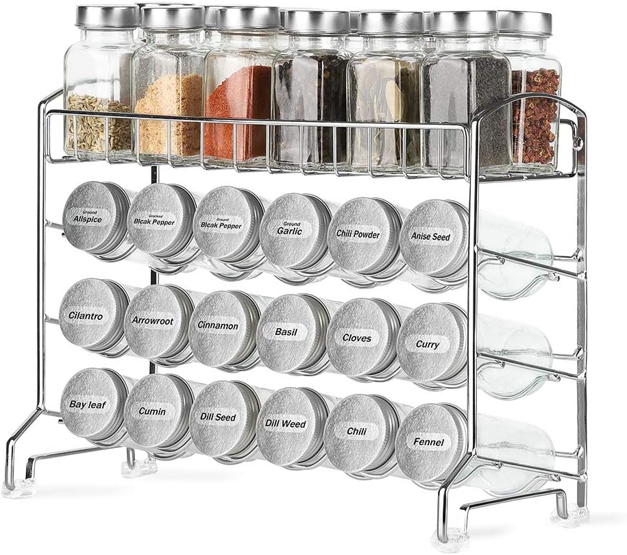 Spice Rack Organizer Cabinet, 18 Glass Bottles Spice Jars and Labels, Chrome