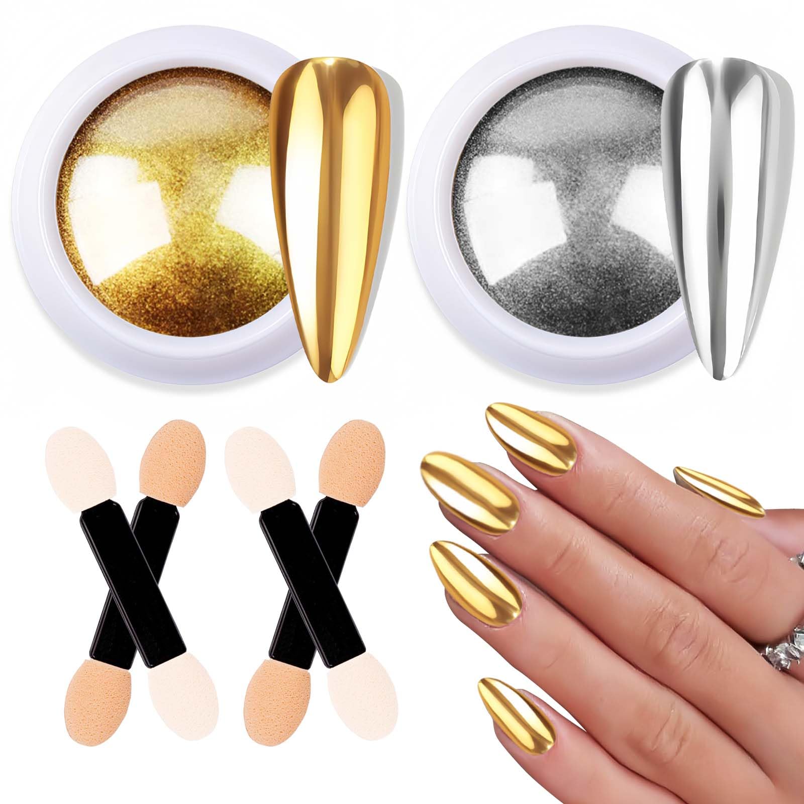 Upgrade Your Manicure with Gold Chrome Nail Powder - 2 Jars of Metallic Mirror Effect for Silver & Gold Nails - Glitter, Pigment & Holo Finish - Includes 4 Eyeshadow Sticks
