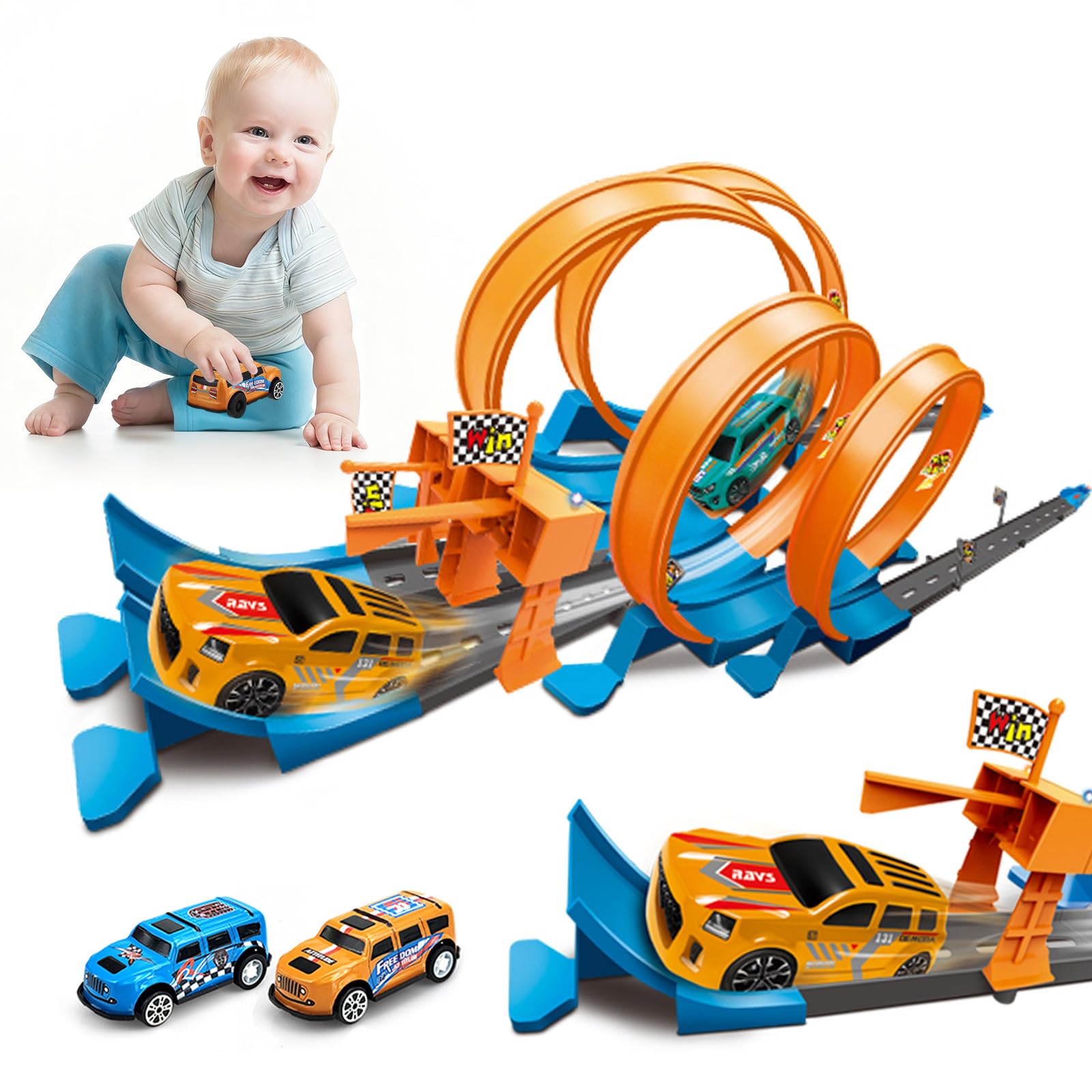 Delousiber 70 Pieces Toy Car Track Set with LED Lights & Engine Sounds, 4 Loops Raceway for Boys Kids Age 3-12, Gift Ideal Racing Game Toy