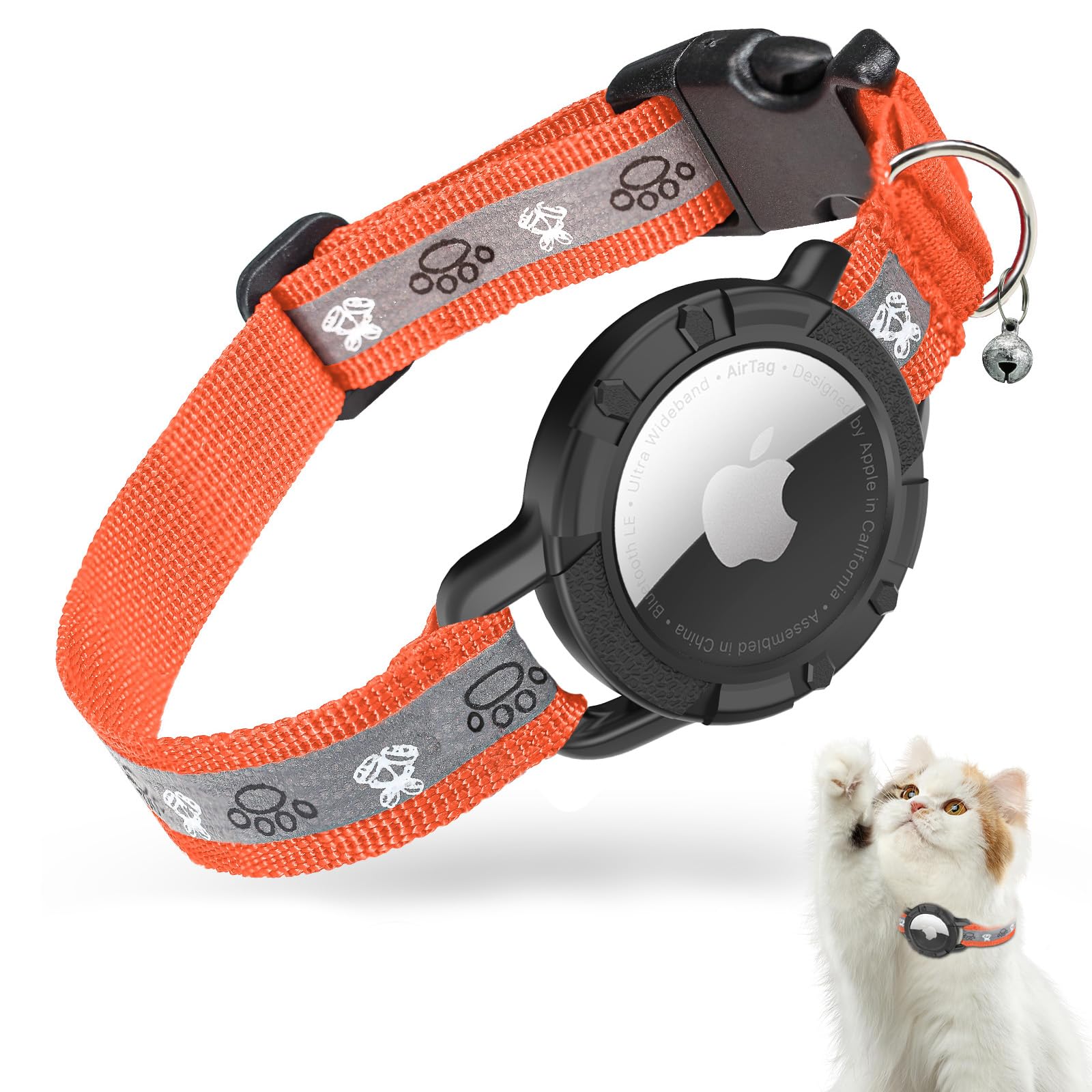 Reflective Airtag Cat Collar, JIARUI Integrated Apple Airtag Cat Collar, GPS Cat Tracker Collar with Airtag Holder and Bell, Lightweight Cat Tracker Collar for Kittens and Puppies (Orange, S(9"-13"))