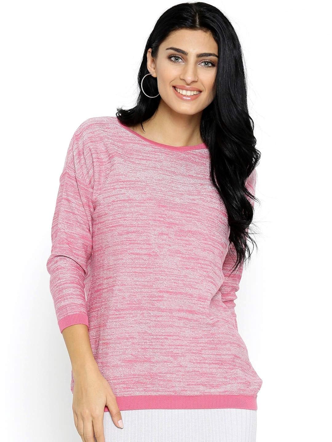 noi women pink & silver solid shimmer sweater