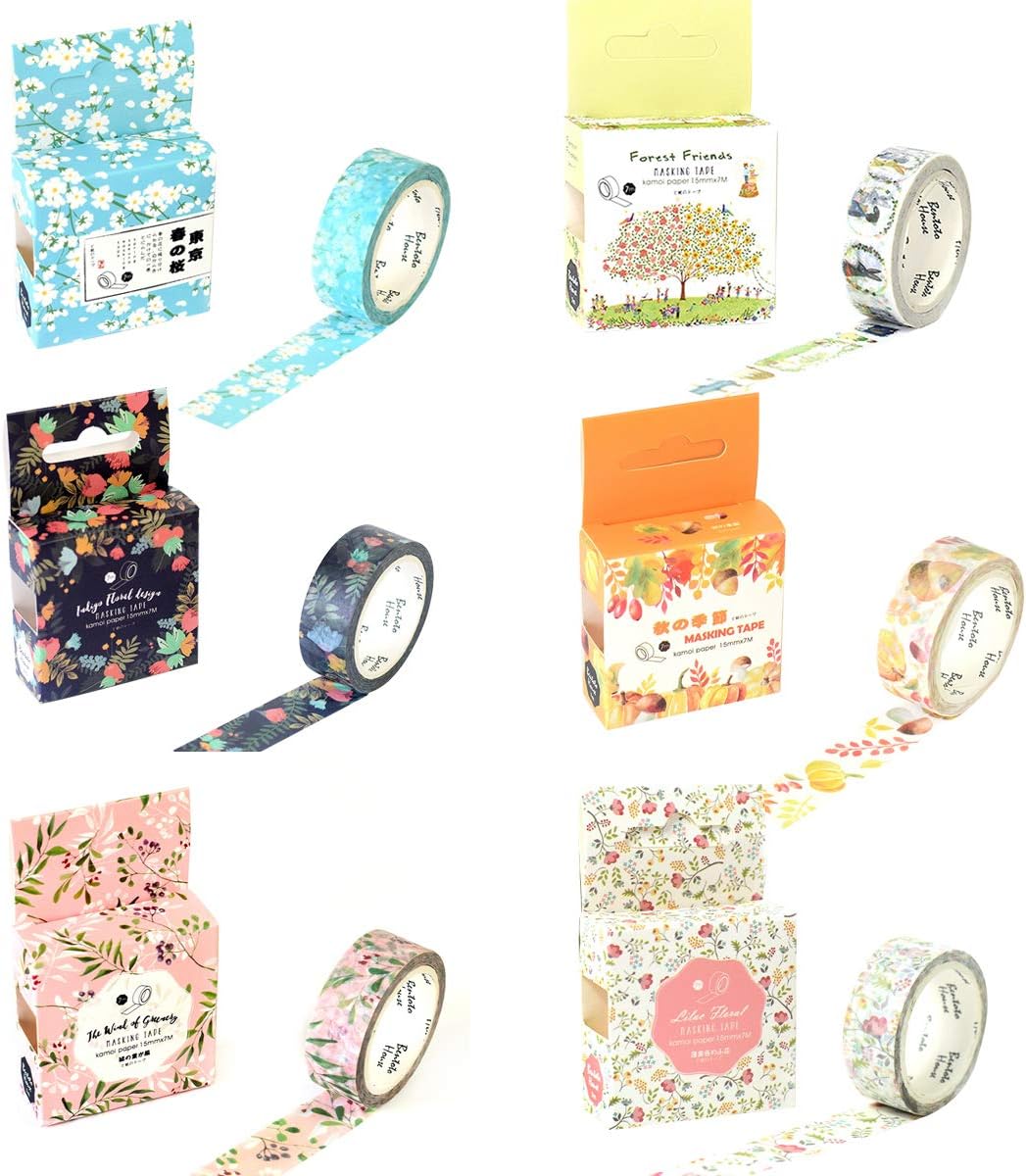 Kawaii Washi Tape Set (6 Rolls) Cute Masking Tapes Floral Forest Animal Autumn Fruit Pine Cone Mushroom Pumpkin Rabbit Giraffe Decorative Tape DIY Label for Art Craft Scrapbook Planner Journal Diary