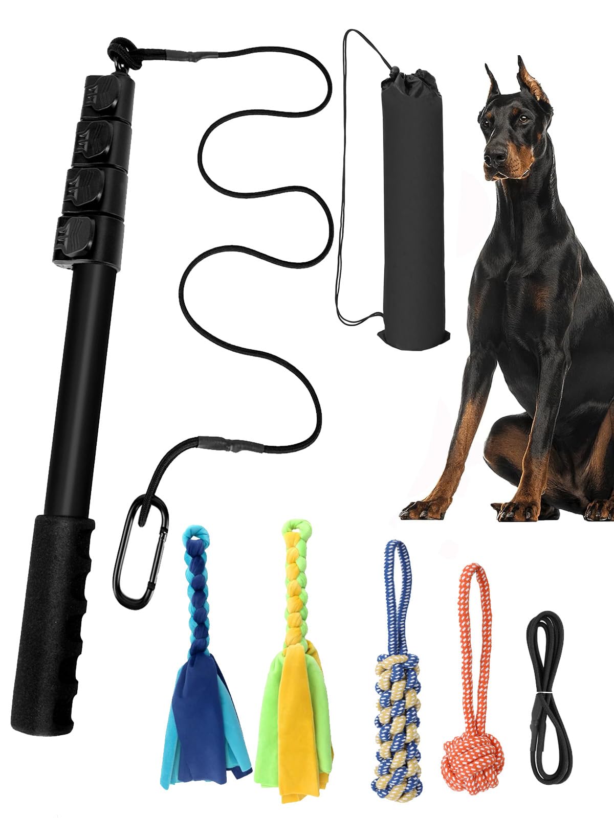 Moyubath Flirt Pole for Dogs with 4 Chewing Cotton Rope, Heavy Duty Extendable Teaser Wand Pet Flirt Stick Outdoor Interactive Toy for Small Medium Large Dogs Training Pulling