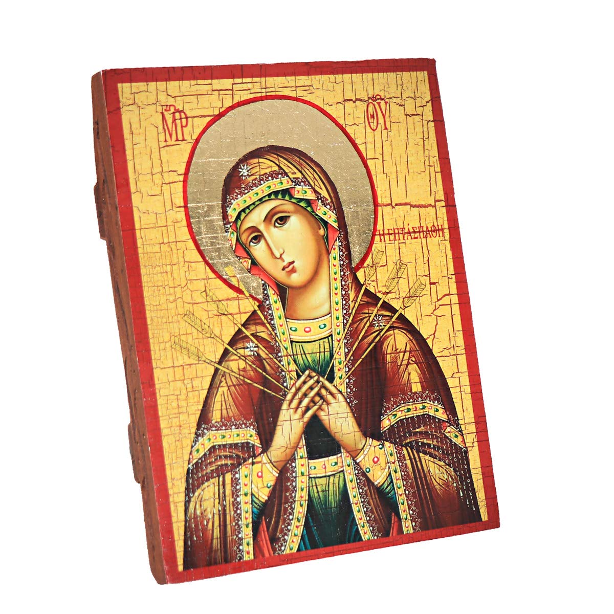 NKlaus Sevenpillar Mother of God, Christian wood icon 16x12,5cm handmade 37024