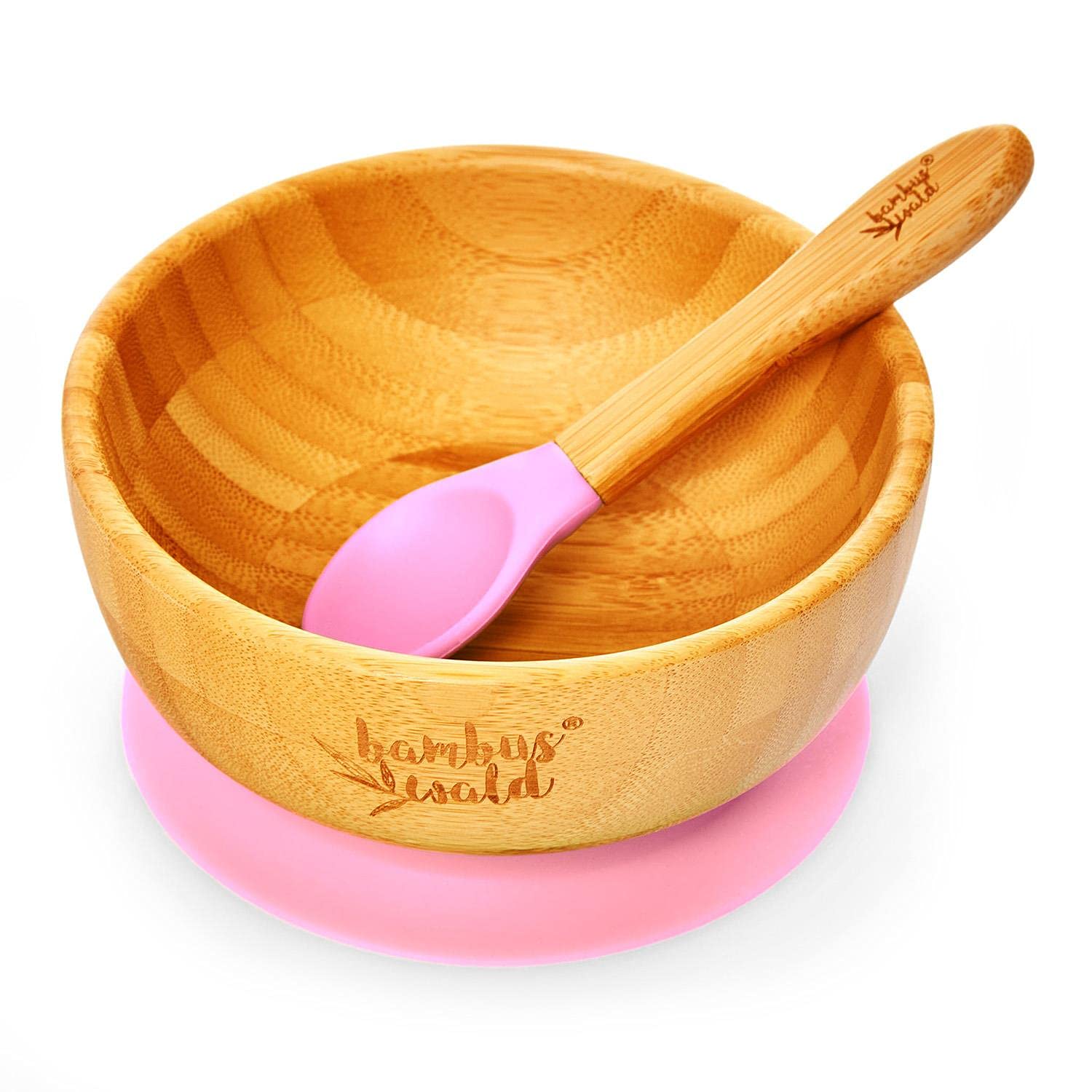 bambuswald Ecological Suction Cup Bowl incl. Spoon for Babies and Toddlers | 100% Sustainable Bowl Made of Bamboo - Stable Feeding Bowl Dishes Set for Children Plates Babies, Pink