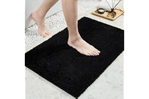 TECHMILLY 32" x 20" Soft Fluffy Chenille Large Bathroom Rugs, Non Slip Absorbent Bath Mats for Bathroom, Washable and Quick Dry, Black, 32" x 20"
