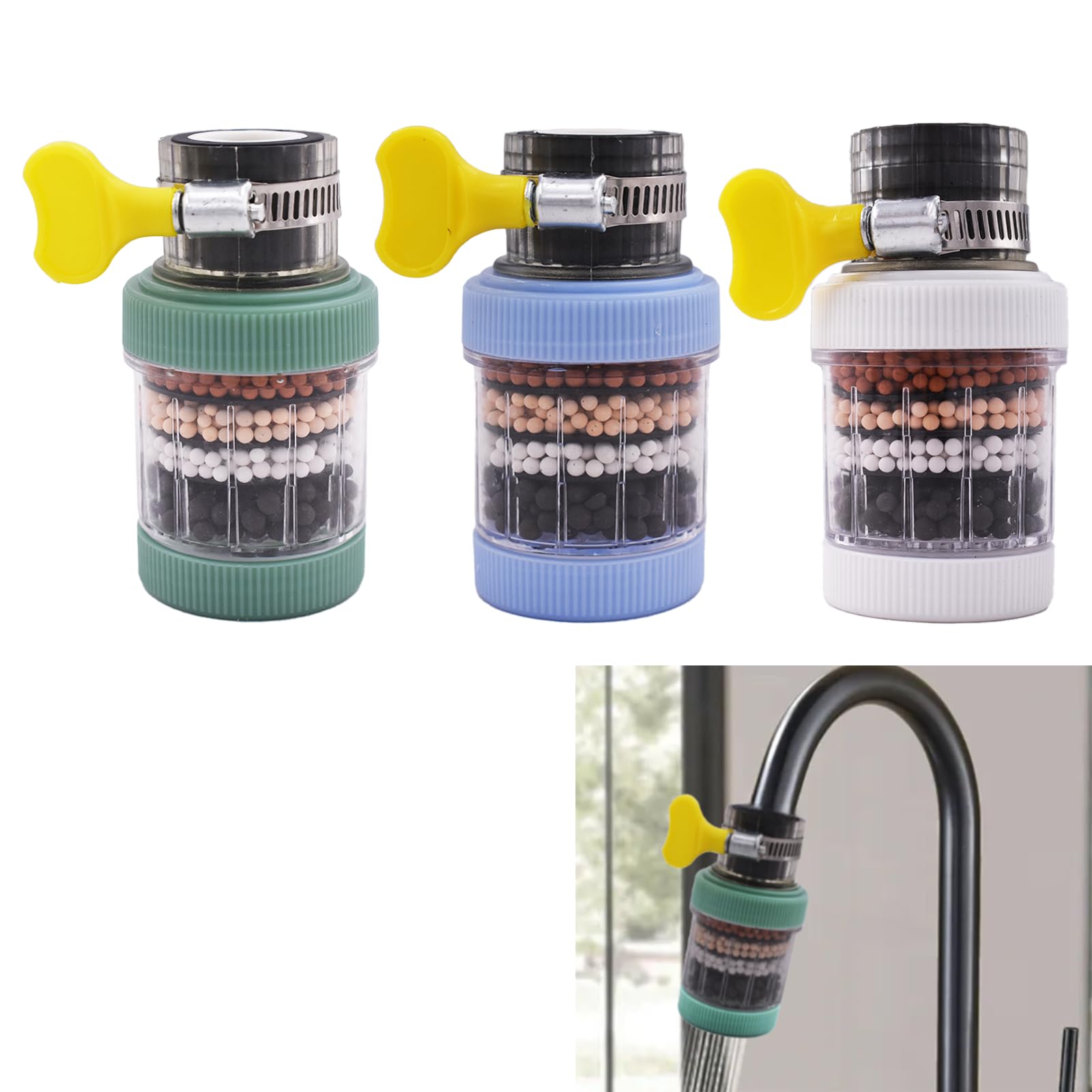 Photo 1 of 3 Pack Faucet Mount Filters,Faucet Water Filter for Kitchen,Activated Carbon Faucet Water Purifier Tap Filtration for Kitchen Bathroom Removes Chlorine Fluoride Heavy Metals Hard Water (Random Color)