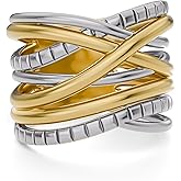 dnswez Wide Band Ring for Women Two-tone Crossover Twisted Cable Gold and Silver Ring Statement Chunky Gold Rings Designer Jewelry for Women