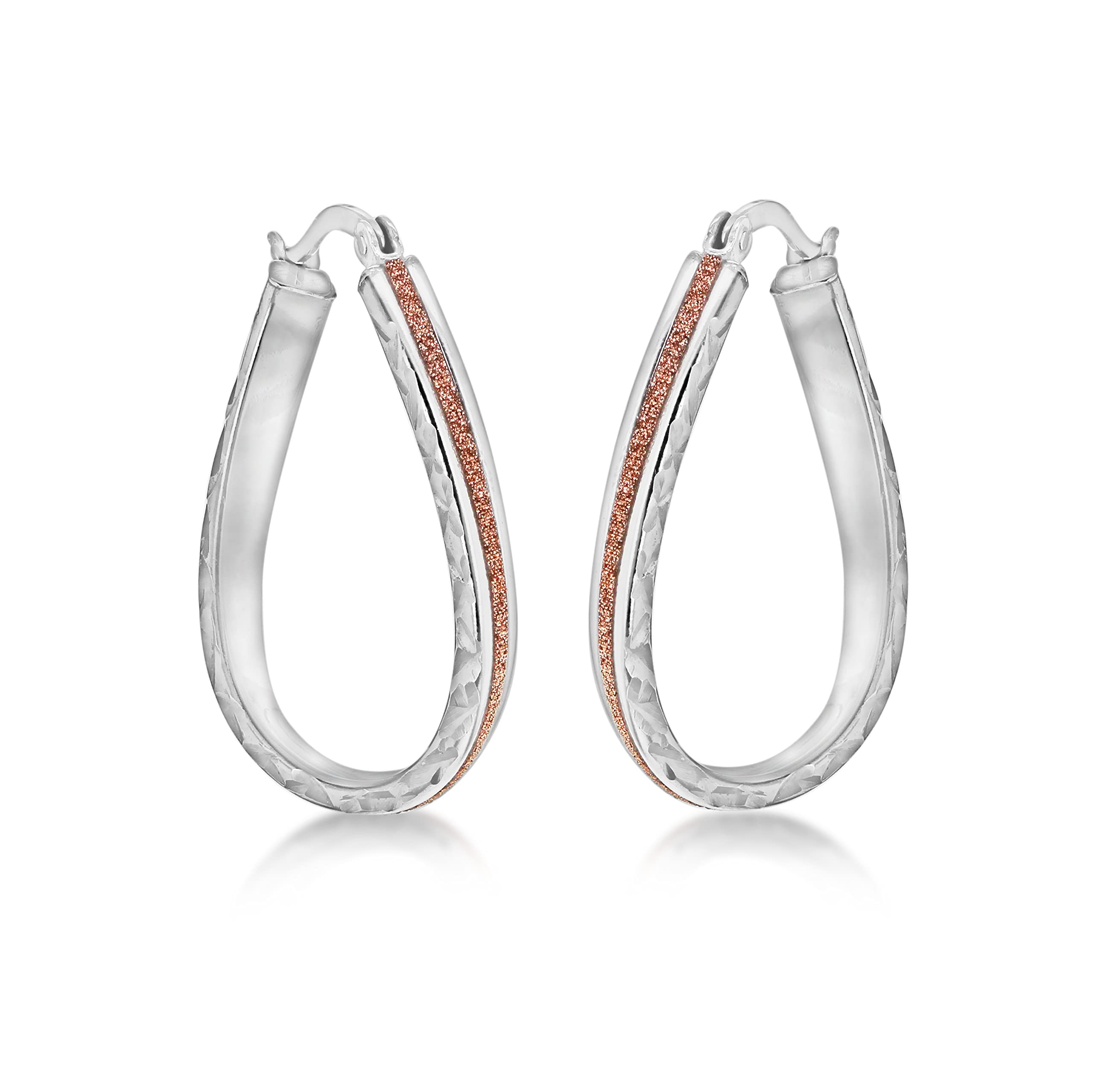 Tuscany Silver Women's Sterling Silver Rhodium Plated Diamond Cut Rose Stardust Twisted Oval Creole Earrings