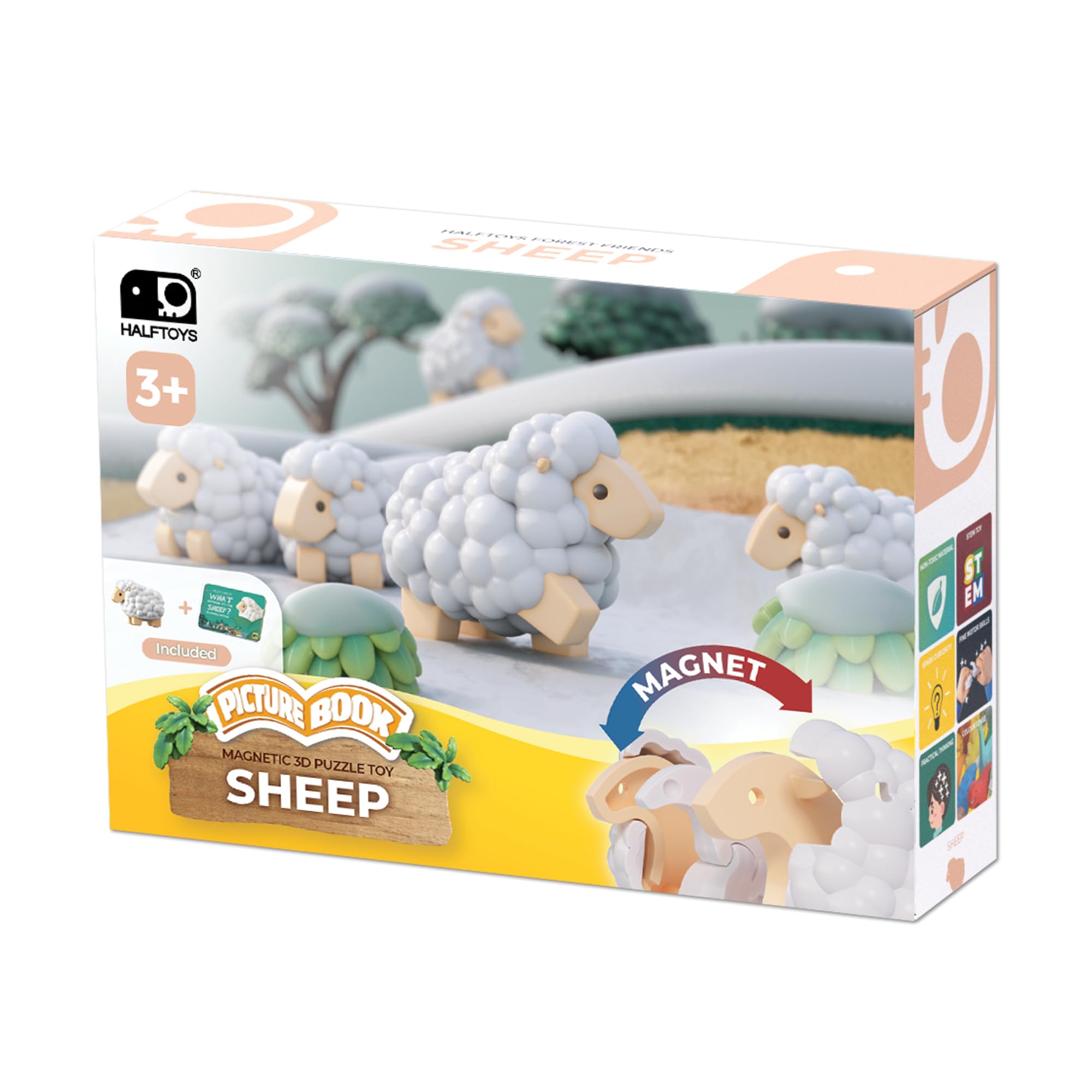 Halftoys Picture Book | Illustrated Story & Magnetic 3D Puzzle Toy | Multi-Sensory Learning | Safe, Durable & Washable | Perfect for Little Hands (Sheep)